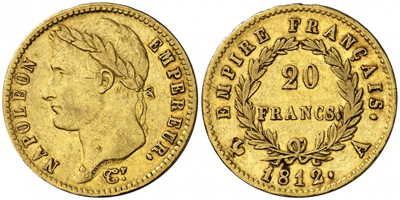 1812. Francia. Napoleón. A (París). 20 francos. (Fr. 511) (Kr. 695.1). 6,41 g. A...