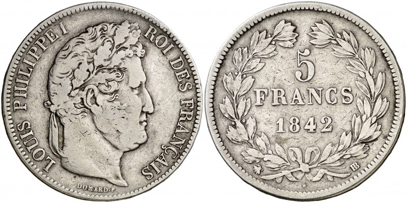 1842. Francia. Luis Felipe I. BB (Estrasburgo). 5 francos. (Kr 749.3). 24,61 g. ...