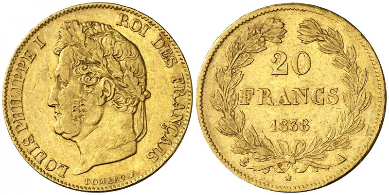 1838. Francia. Luis Felipe I. A (París). 20 francos. (Fr. 560) (Kr. 750.1). 6,40...