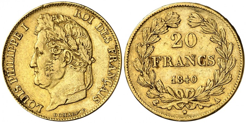 1840. Francia. Luis Felipe I. A (París). 20 francos. (Fr. 560) (Kr. 750.1). 6,44...