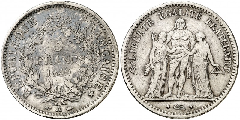 1849. Francia. II República. A (París). 5 francos. (Kr. 761.1). 24,72 g. AG. Gol...