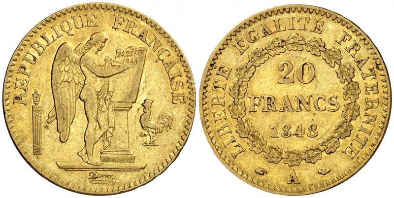 1848. Francia. II República. A (París). 20 francos. (Fr. 565) (Kr. 757). 6,37 g....