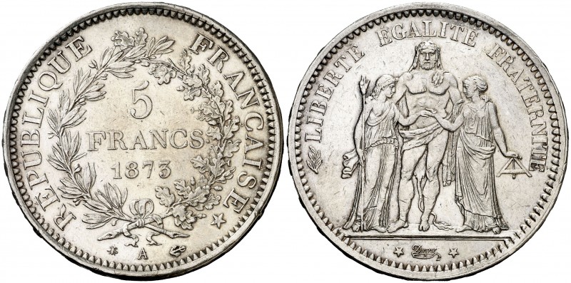 1873. Francia. III República. A (París). 5 francos. (Kr. 820.1). 25 g. AG. Golpe...