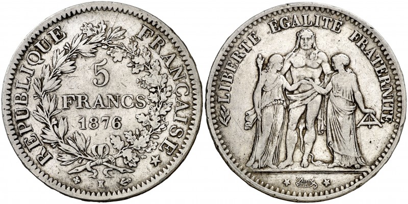 1876. Francia. III República. K (Burdeos). 5 francos. (Kr. 820.2). 24,76 g. AG. ...