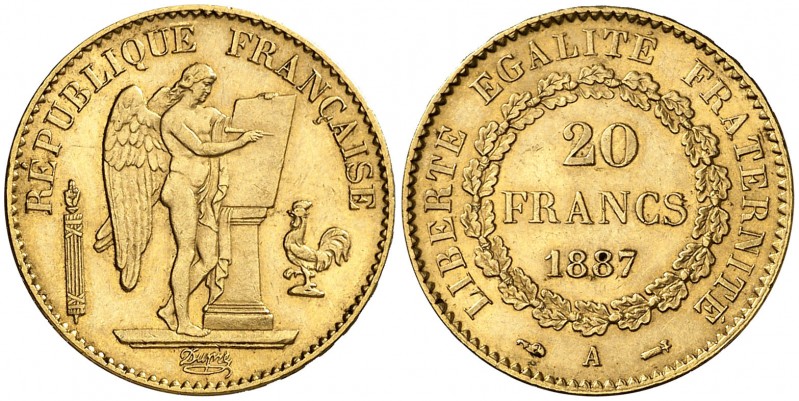 1887. Francia. III República. A (París). 20 francos. (Fr. 592) (Kr. 825). 6,42 g...