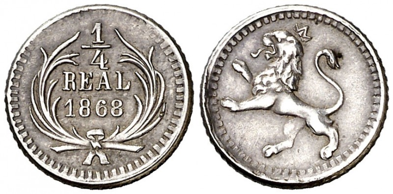 1868. Guatemala. 1/4 de real. (Kr. 130). 0,77 g. AG. EBC.