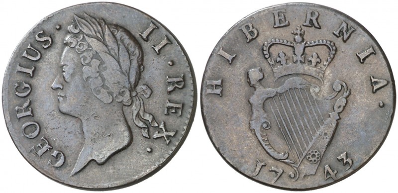 1743. Irlanda. Jorge II. 1/2 penique. (Kr. 130). 8,76 g. CU. Golpecitos. Muy esc...