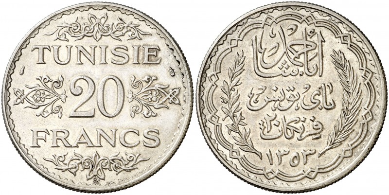 AH 1353 (1934). Túnez. 20 francos. (Kr. 263). 19,99 g. AG. Rayitas. EBC+.