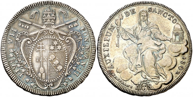 1802. Vaticano. Pío VII. Roma. 1 escudo. (Kr. 1249). 26,22 g. AG. Anno II. Escas...