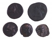 Lote de 5 bronces: formado por 2 monedas de Massalia, dos de Kyme y Cartago. A examinar. MBC-/MBC+.