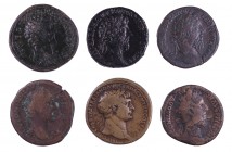 Lote de 6 sestercios: Trajano, Antoniniano pío, Marco Aurelio (dos) y Cómodo (dos), todos distintos. A examinar. BC/MBC.
