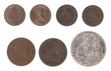 1870 a 1925. 1 (cuatro), 2 (dos) y 25 céntimos. Lote de 7 monedas. A examinar. MBC-/S/C-.