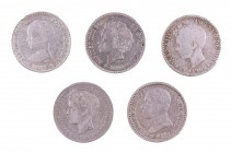 1892 a 1910. 50 céntimos. Lote de 5 monedas. A examinar. BC/MBC.