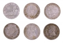 1869, 1892, 1894, 1900, 1904*04 y 1904*10. Gobierno Provisional y Alfonso XIII. 50 céntimos. Lote de 6 monedas. A examinar. BC+/EBC-.