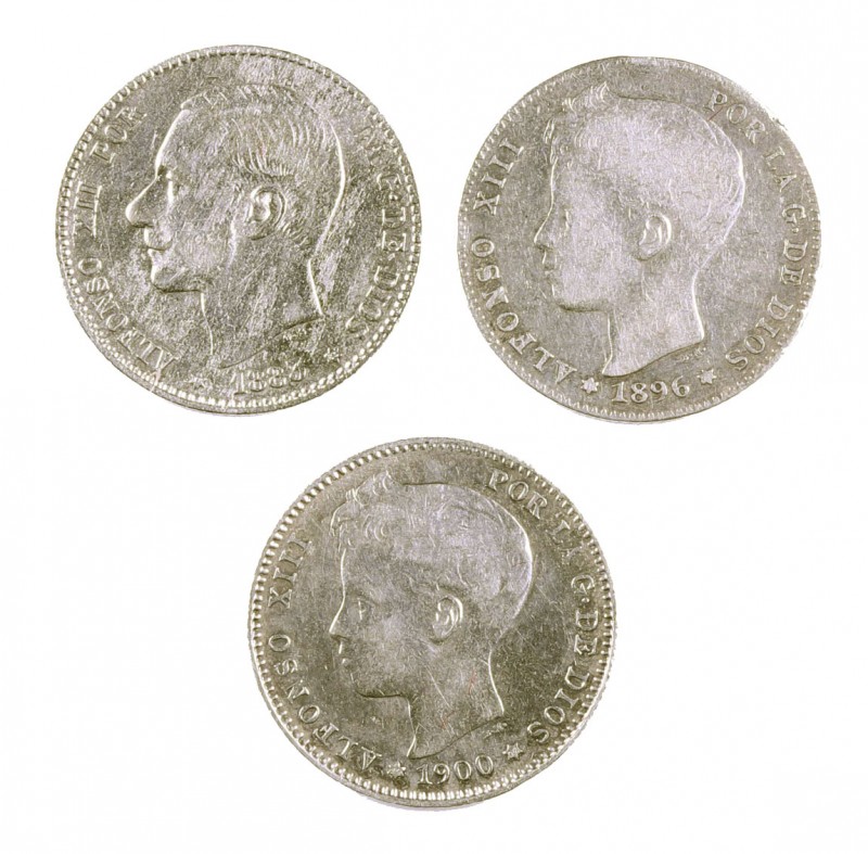 1883, 1896 y 1900. Alfonso XII y XIII. Lote de 3 monedas. A examinar. MBC-/MBC.