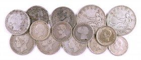 1852 a 1926. Isabel II a Alfonso XIII. Lote de 14 monedas en plata, dos con perforación. A examinar. MC/MBC.