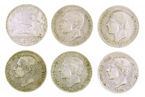 1870 a 1884. Gobierno Provisional y Alfonso XII. 2 pesetas. Lote de 6 monedas. A examinar. BC/MBC.