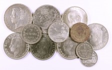 1870 a 1992. Gobierno Provisional a Juan Carlos I. Lote de 12 monedas, seis en plata. A examinar. BC/S/C-.