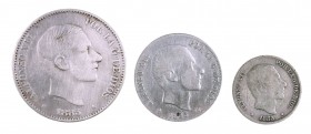 1883. Alfonso XII. Manila. 10, 20 y 50 centavos. Lote de 3 monedas. A examinar. BC/MBC-.