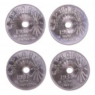 1937. Franco. 25 céntimos. Lote de 4 monedas. Bellas. A examinar. EBC+/S/C-.
