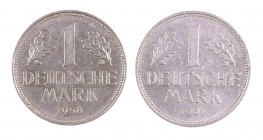 Alemania. 1 marco. (Kr. 110). CU-NI. Lote de 2 monedas: 1958 J (Hamburgo) y 1961 G (Karlsruhe). A examinar. Escasas así. EBC-/EBC.