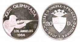 1984. Andorra. 20 diners. (Kr. 25). AG. Juegos Olímpicos - Los Ángeles '84. Lote de 2 estuches oficiales, con certificado. A examinar. Proof.
