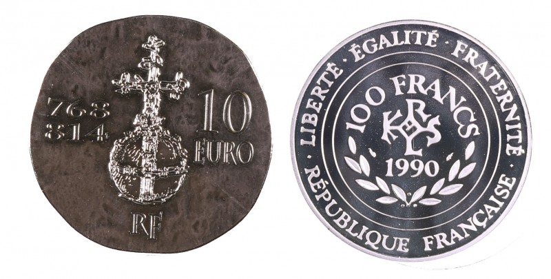 1990 y 2011. Francia. 15 ecus / 100 francos y 10 euros. Carlomagno. Lote de 2 es...