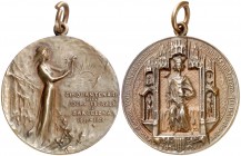 1908. Barcelona. Cincuentenario de los Juegos Florales. (Cru.Medalles 1055a). 12,94 g. Ø30 mm. Cobre. Grabador: Llimona. Con anilla. EBC-.