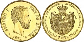 1871*1971. Amadeo I. 100 pesetas. 30,82 g. Acuñación de 200 medallas en oro conmemorativas del Centenario. Ésta es la nº 115. S/C.