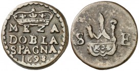 1698. Ponderal de "meza dobla" o doblón de 1 escudo. (Mateu y Llopis falta). 3,28 g. MBC.