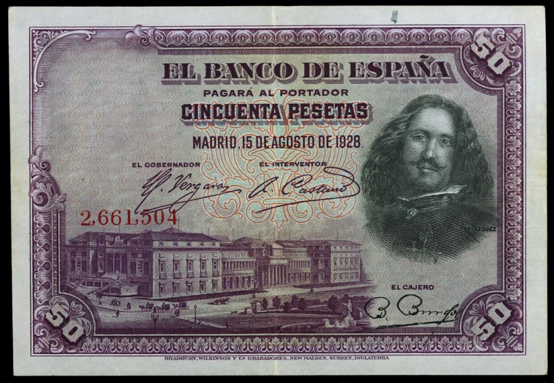 1928. 50 pesetas. (Ed. B113) (Ed. 329). 15 de agosto, Velázquez. Sin serie. MBC+...