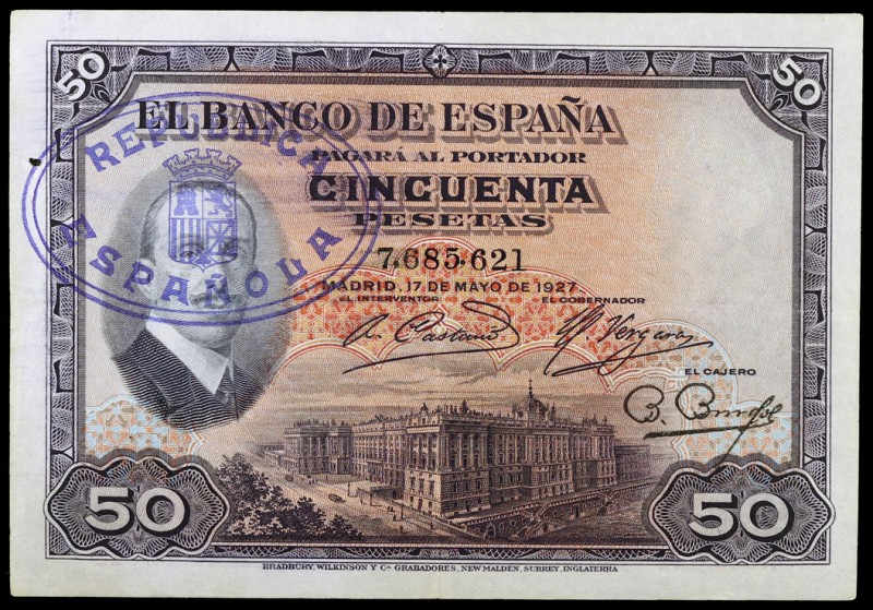 1927. 50 pesetas. (Ed. B115) (Ed. 332). 17 de mayo, Alfonso XIII. Sello tampón d...