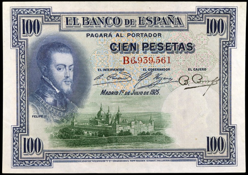 1925. 100 pesetas. (Ed. B127) (Ed. 344). 1 de julio, Felipe II. Serie B. Sello e...