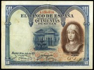 1927. 500 pesetas. (Ed. B130) (Ed. 346). 24 de julio, Isabel la Católica. Sello en seco del Gobierno Provisional. MBC-.
