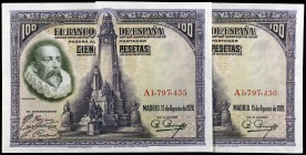 1928. 100 pesetas. (Ed. C6a) (Ed. 355a). 15 de agosto, Cervantes. Pareja correlativa, serie A, uno con una leve doblez. S/C-/S/C.