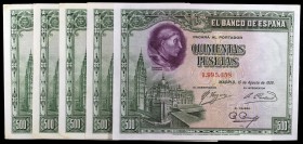 1928. 500 pesetas. (Ed. C7) (Ed. 356). 15 de agosto, Cisneros. Lote de 5 billetes, un trío correlativo. MBC/EBC.