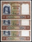 1931. 500 pesetas. (Ed. C12) (Ed. 361). 25 de abril, Elcano. Lote de 3 billetes, una pareja correlativa. S/C-.