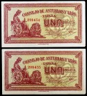 1937. Asturias y León. 1 peseta. (Ed. C48) (Ed. 397). Pareja correlativa. EBC+.