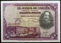 1928. 50 pesetas. (Ed. D8) (Ed. 407). 15 de agosto, Velázquez. Serie A. Sello en seco: ESTADO ESPAÑOL - BURGOS. MBC.