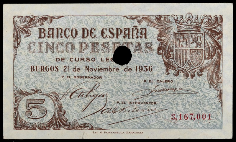 1936. Burgos. 5 pesetas. (Ed. D18na var) (Ed. 417T). 21 de noviembre. Con taladr...