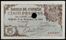 1936. Burgos. 5 pesetas. (Ed. D18na var) (Ed. 417T). 21 de noviembre. Con taladro central de cancelación de Ø9 mm. Raro. S/C-.