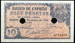 1936. Burgos. 10 pesetas. (Ed. D19na var) (Ed. 418T). 21 de noviembre. Con doble taladro, con número y sin serie. Raro. S/C.