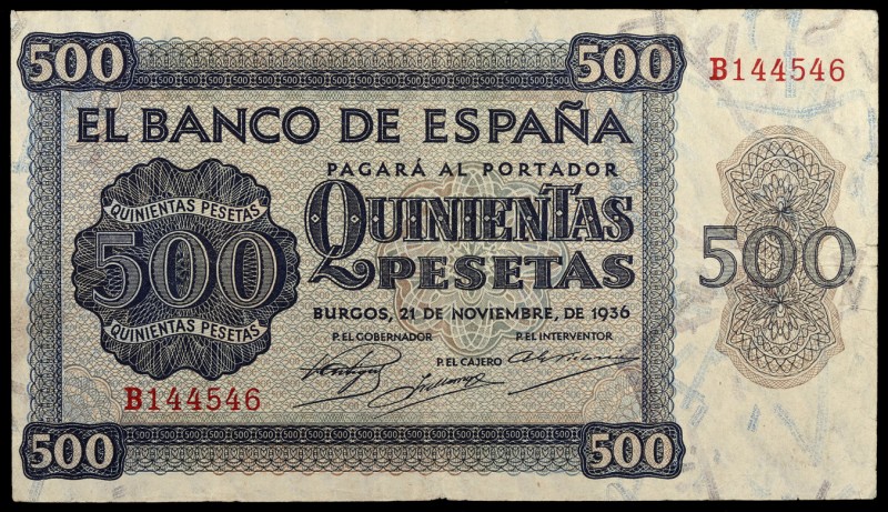 1936. Burgos. 500 pesetas. (Ed. D23a) (Ed. 422a). 21 de noviembre. Serie B. Raro...