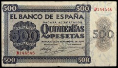 1936. Burgos. 500 pesetas. (Ed. D23a) (Ed. 422a). 21 de noviembre. Serie B. Raro. MBC-.