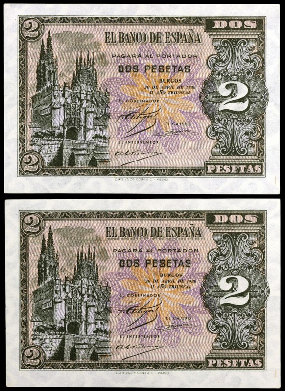 1938. Burgos. 2 pesetas. (Ed. D30a) (Ed. 429a). 30 de abril. Pareja correlativa,...