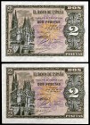 1938. Burgos. 2 pesetas. (Ed. D30a) (Ed. 429a). 30 de abril. Pareja correlativa, serie H. S/C-.