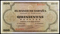 1938. Burgos. 500 pesetas. (Ed. D34) (Ed. 433). 20 de mayo. Raro. MBC+.