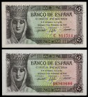 1943. 5 pesetas. (Ed. D47a) (Ed. 446a). 13 de febrero, Isabel la Católica. 2 billetes, series C y D. S/C-.