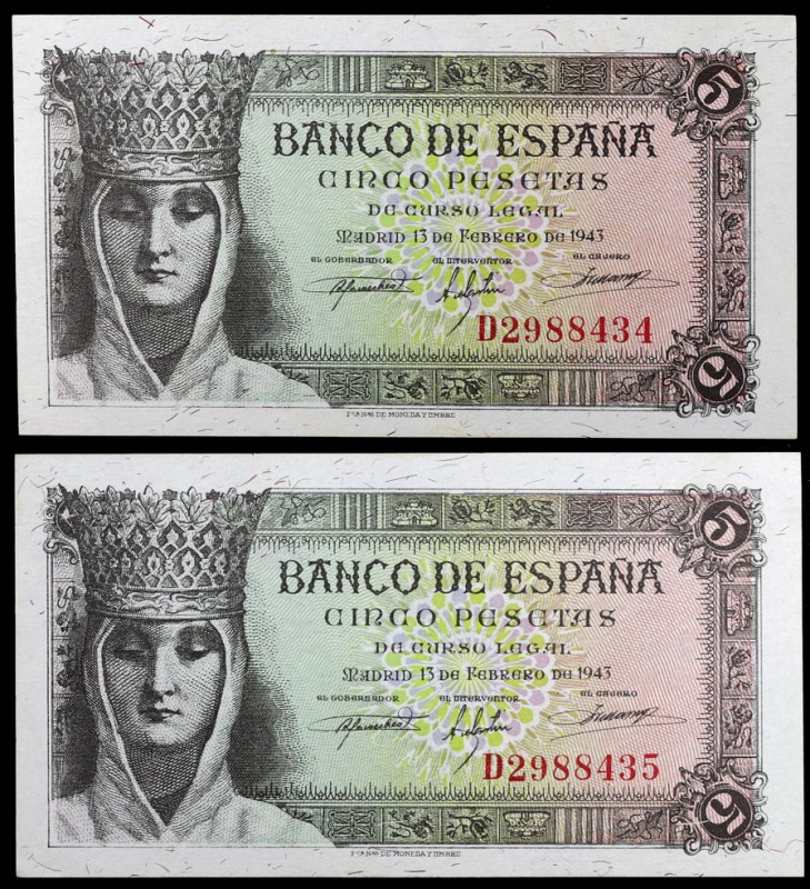 1943. 5 pesetas. (Ed. D47a) (Ed. 446a). 13 de febrero, Isabel la Católica. Parej...