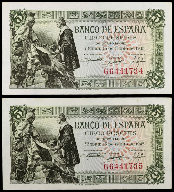 1945. 5 pesetas. (Ed. D50a) (Ed. 449a). 15 de junio, Isabel y Colón. Pareja corr...